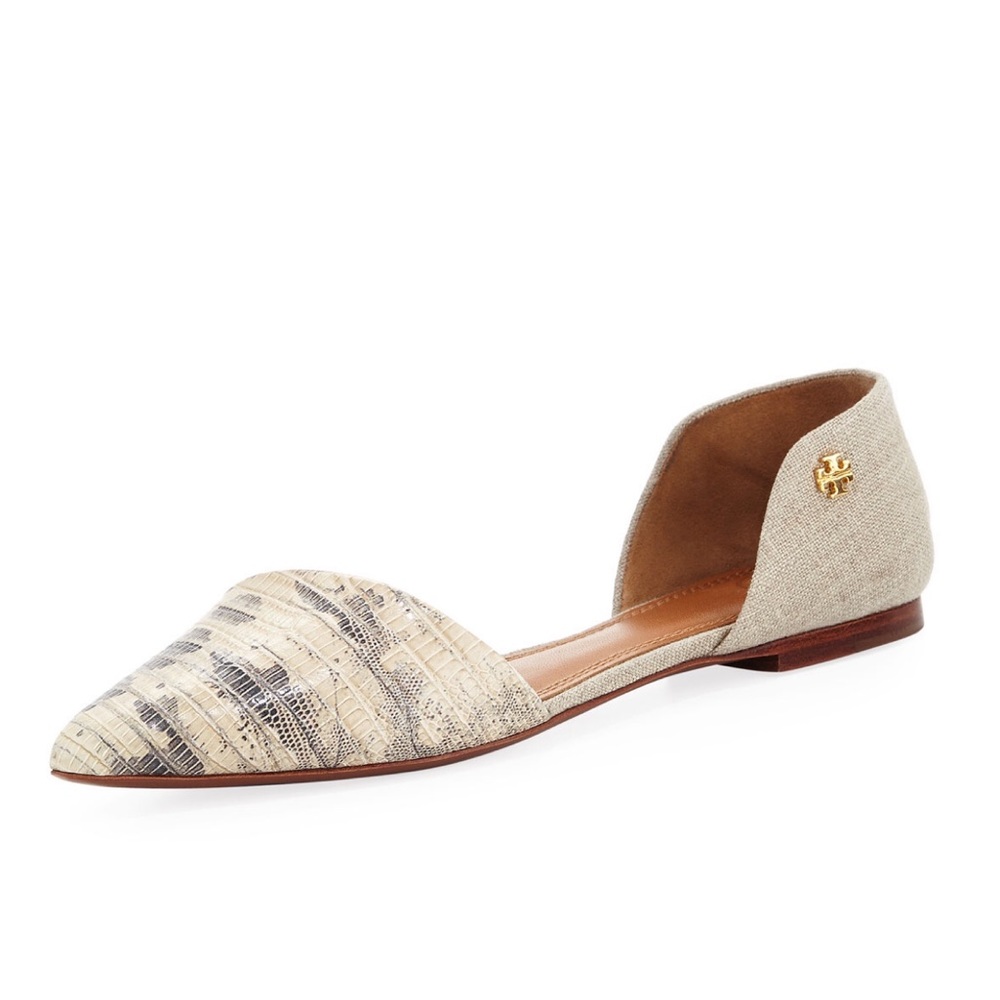 Tory Burch Snakeskin Linen D’Orsay Flats